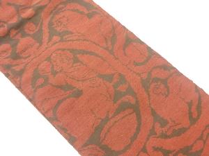 手織り紬抽象花唐草・動物模様織出し名古屋帯